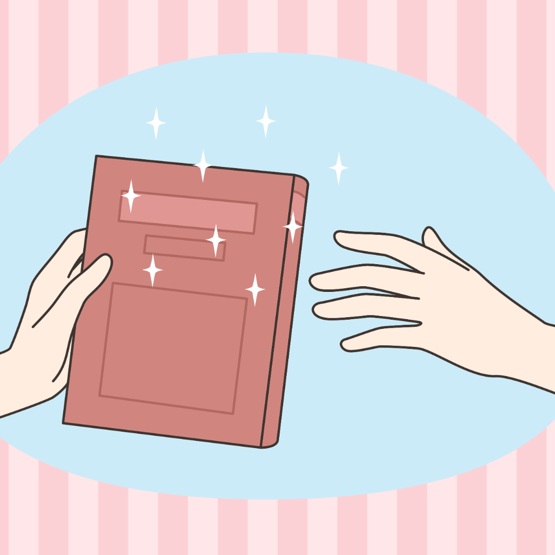 One hand passing a book to another