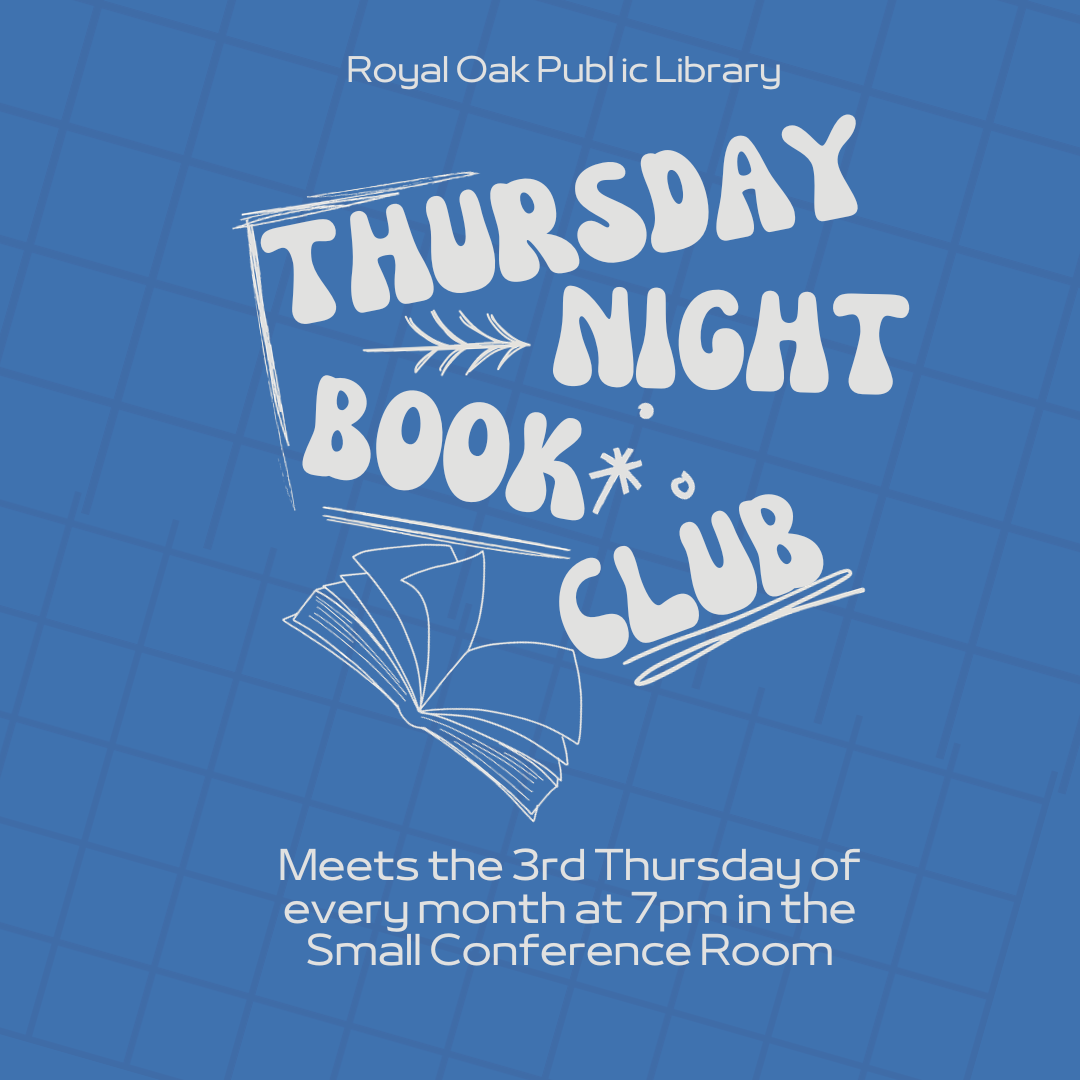 Open book with text stating Thursday Night Book Club meets the third Thursday of every month at 7pm