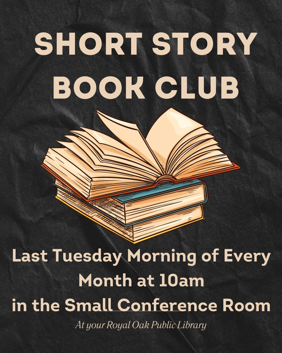 Open book with text stating the program is on the last Tuesday of every month at 10am in the small conference room.