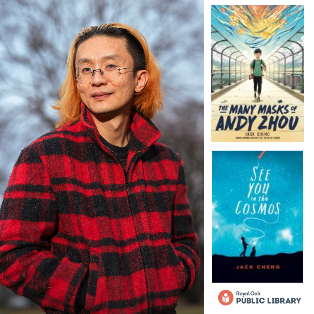 Photo of Jack Cheng with his two book covers, See You in the Cosmos and The Many Masks of Andy Zhou