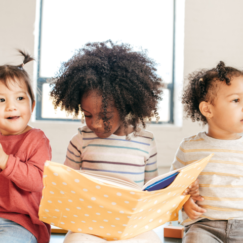 Toddlers sitting and holding a book