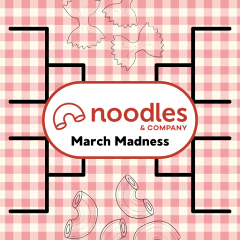 March Madness bracket with 8 prongs covered with the Noodles & Company logo and text that says "March Madness" over a red checkered background.