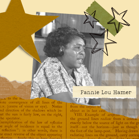 Scrapbook paper background with a black and white image of Fannie Lou Hamer.