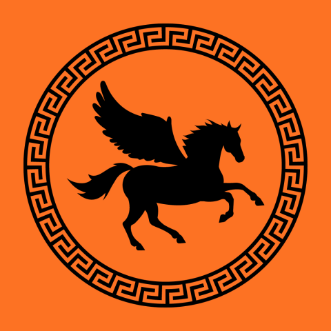 A black pegasus (a winged horse) on an orange background surrounded by a black circle with a greek design