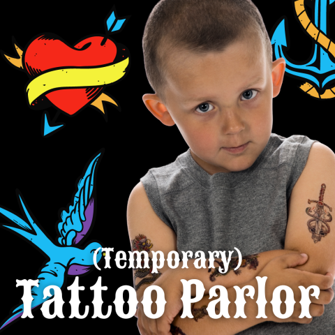 A young white child with a sleeveless shirt and temporary tattoos on his arms on a back ground of brightly colored traditional tattoos, with the words (Temporary) Tattoo Parlor in white