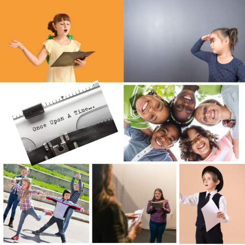 Photos of diverse youth reading from scripts; youth gesturing, moving, one group in a huddle.  Typewritten words, "Once Upon a Time," visible in top of black typewriter.