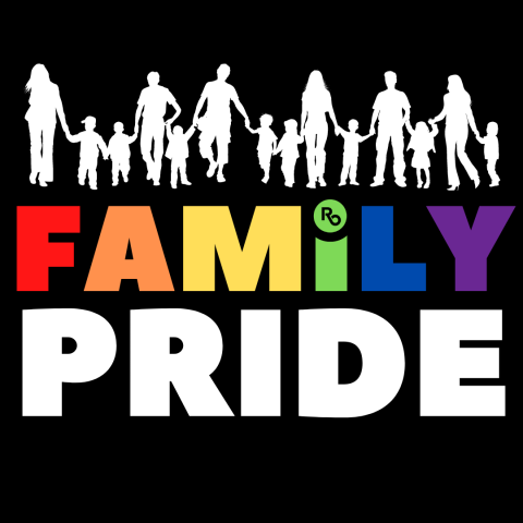 Shadows of a line of family members holding hands above the words "family pride".