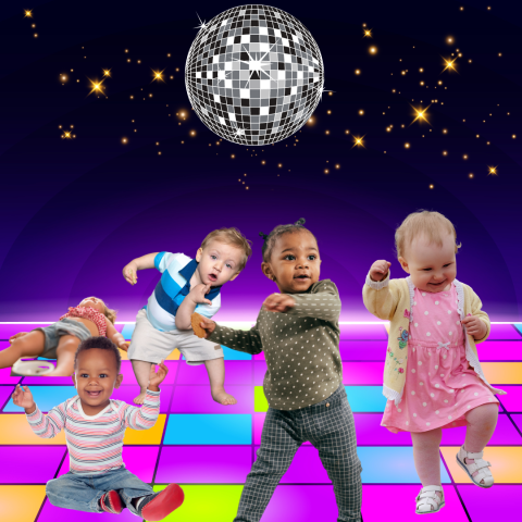 Toddlers dancing on a disco stage.