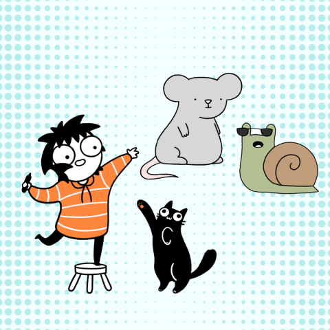 Illustrations of a woman, a cat, a mouse and a turtle wearing sunglasses