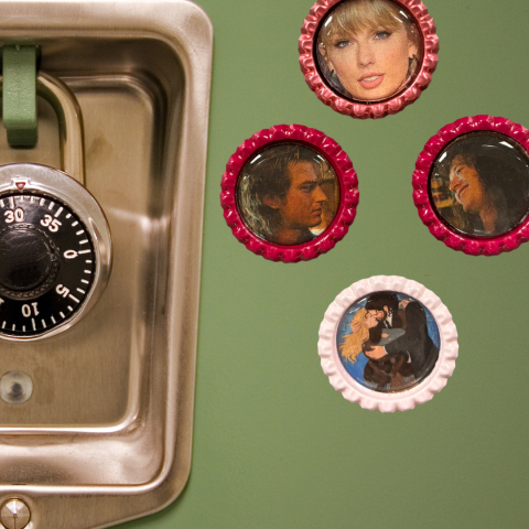 Bottle cap magnets in different colors with pictures of celebrities and book covers on a light green locker door