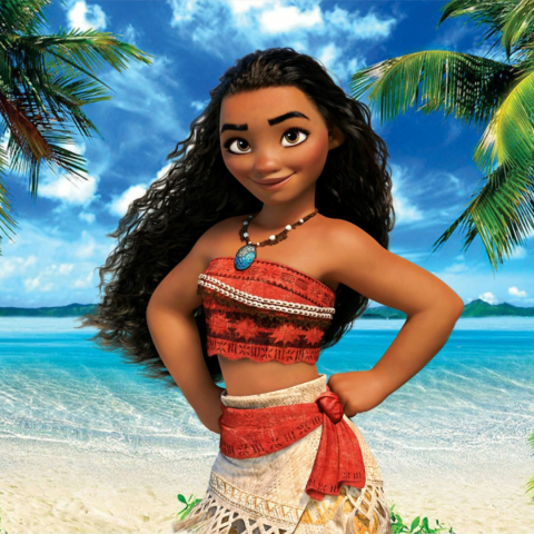 Disney's Moana standing in front of beach with palm trees surrounding.