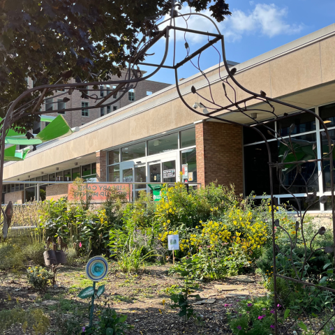 Metal archway in butterfly garden, library building in background