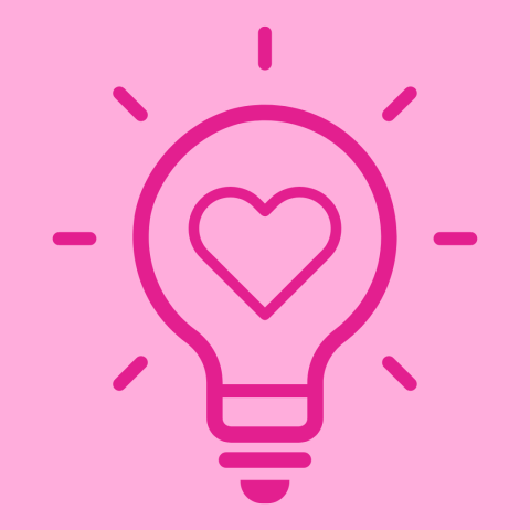 Dark pink lightbulb outline with a dark pink heart outline in the center on a light pink background