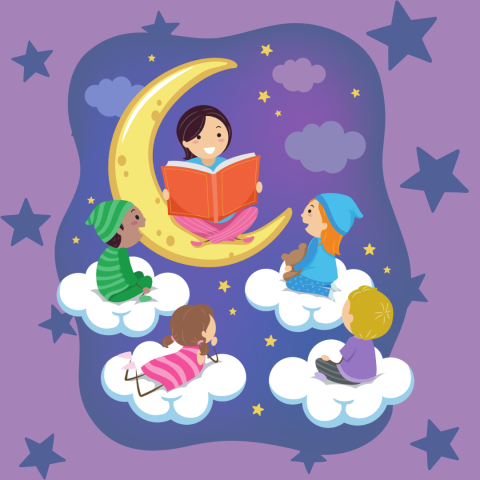 Woman sitting on a moon reading to four children seated on clouds wearing pajamas on a light purple background with dark purple stars