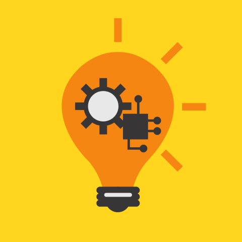  Orange and grey lightbulb cartoon featuring a gear and circuit image inside the lightbulb with a yellow background.