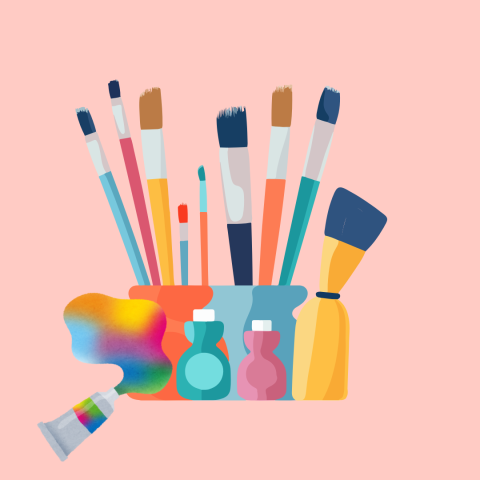 Pink background with cartoon paintbrushes and paints in a container with a tube of multicolored paint squeezed out on the left bottom.