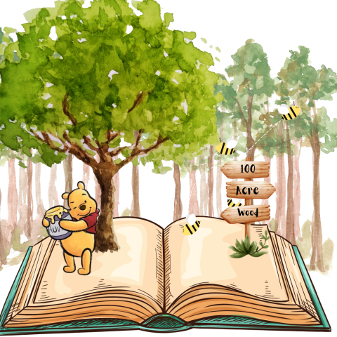 open book with Winnie the Pooh, and tree. 