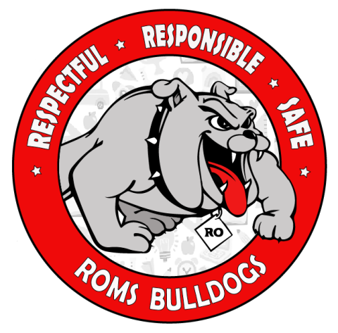 The Royal Oak Middle School Logo of a grey bulldog encircled by a red ring with the words respectful, responsible, and safe above the bulldog. 