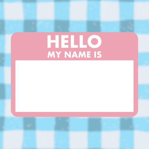 Pink name tag with text "Hello My Name Is" text, blue checkered background