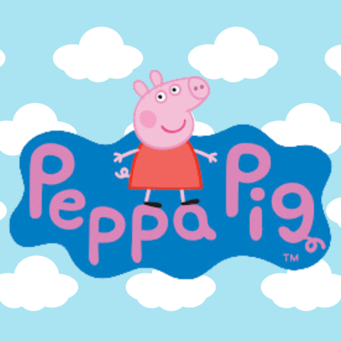 Peppa pig logo in front of a cloud background