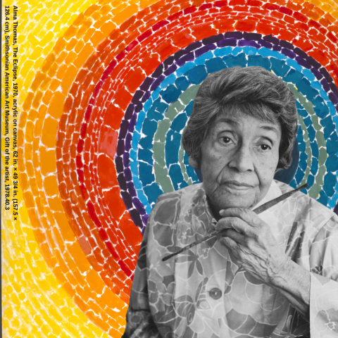 photograph of a black woman holding a paintbrush in front of her artwork, consisting of colorful concentric circles