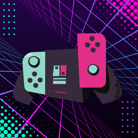 cartoon version of a nintendo switch in front of a dark background with neon decoration