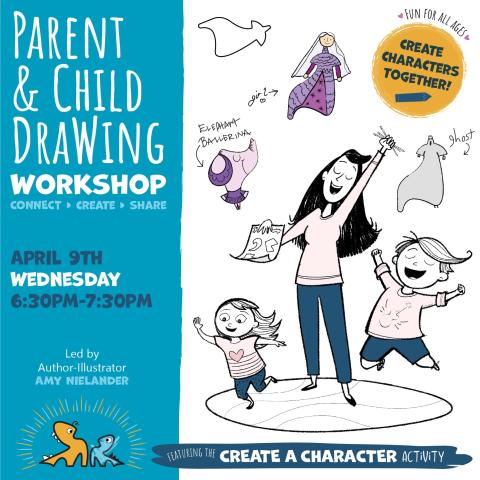 Black and white, with some blue and purple illustration of happy woman and two children with energetic movement.  Creative shapes and words surround them.  Drawing workshop encourages participants to, "connect. create. share," and to "create a character."