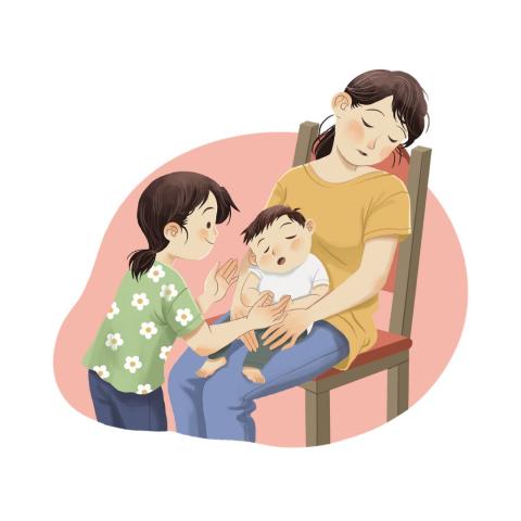 Older sister, helping with baby while mom passed out from baby exhaustion. 