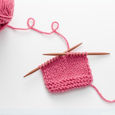 Knitting needles with a section of pink knitted material sits on a table, pink yarn trails off to the side connected to a yarn ball