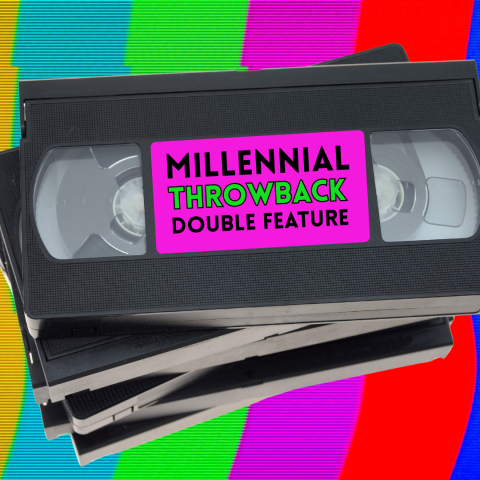 stack of vhs tapes in front of a rainbow stripe tv background with a label that says "millennial throwback double feature"