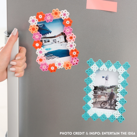 photo frames made out of perler beads on a steel refrigerator door