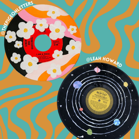 two vinyl records on a swirly background. one record has white flowers and orange and pink swirls painted on it, the other has circles with planets painted on it.