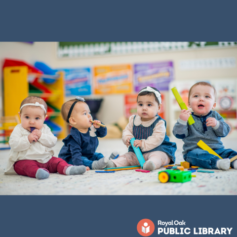 four babies sitting in a row playing with toys 