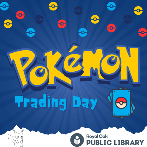 Blue background with multicolored poke balls Titled Pokémon Trading Day 
