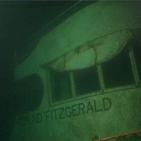 The Edmund Fitzgerald wreck underwater, green tinged and spooky