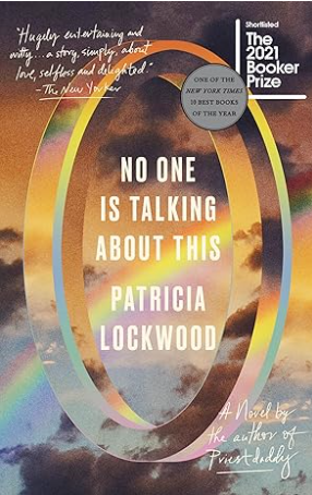 a gold circle hovering in a multi-colored sky, inside of which reads "No One is Talking About This"