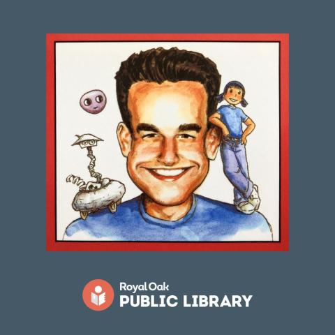 Illustrated Self-Portrait of smiling Mark Crilley with some of his written and illustrated creations: Japanese, American Akiko, Gax the robot and bodiless Poog surrounding him.  Royal Oak Public Library logo below. Background of portrait is white, against dark grey background.  
