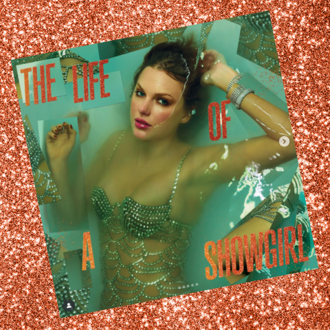 cover of taylor swift's album "the life of a showgirl" which features a blonde white woman submerged in light green water with orange glitter text; cover is superimposed on an orange glitter background