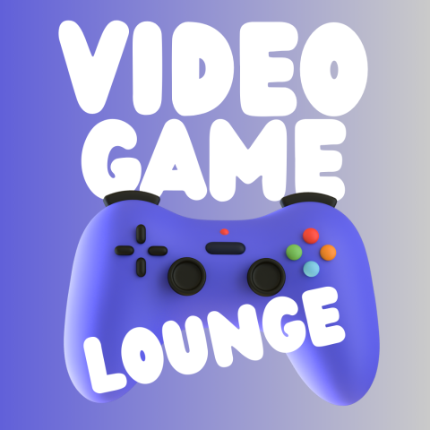 Blue background with Xbox controller that says: Video Game Lounge