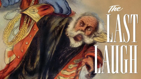 an elderly man at a diagonal angle, with white hair and white beard, next to title of film, "The Last Laugh"