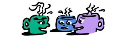 three cups of coffee, green, orange, and purple, have a conversation