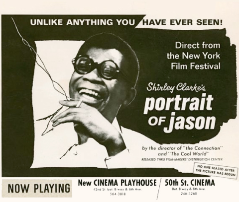 movie poster of "Portrait of Jason," with Jason at center, laughing and smoking a cigarette