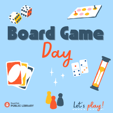 Blue background with different game icons (cards, dice, dominoes, sand timer, etc.) that say's Board Game Night; Let's play with the ROPL logo.