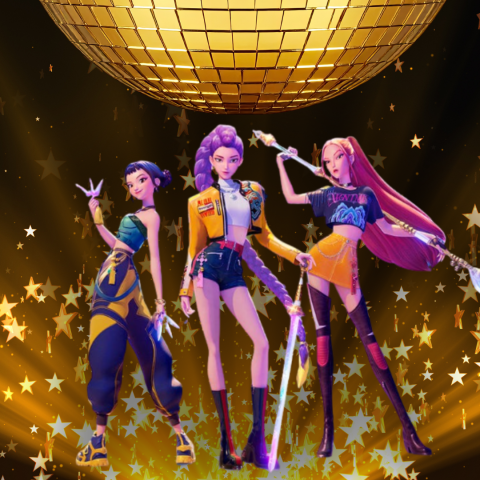 3 girls standing with a disco ball behind them 