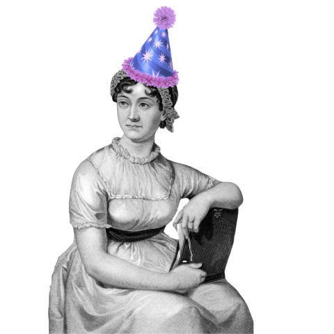A black and white picture of Jane Austen wearing a blue and light purple birthday hat