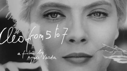 close-up shot of a woman's face, with title of movie written across half of it, "Cleo from 5 to 7"