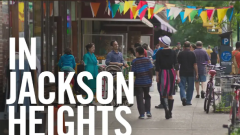 picture of people in Jackson Heights, NY, with title of movie - "In Jackson Heights" - in bottom left-hand corner