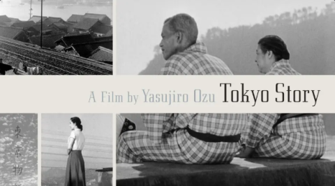 picture of two Asian men sitting next to each other, in black and white, with their backs to us, and title of movie - "Tokyo Story" stretched across the picture