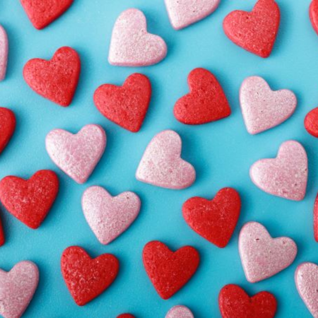 red and pink hearts with a blue background