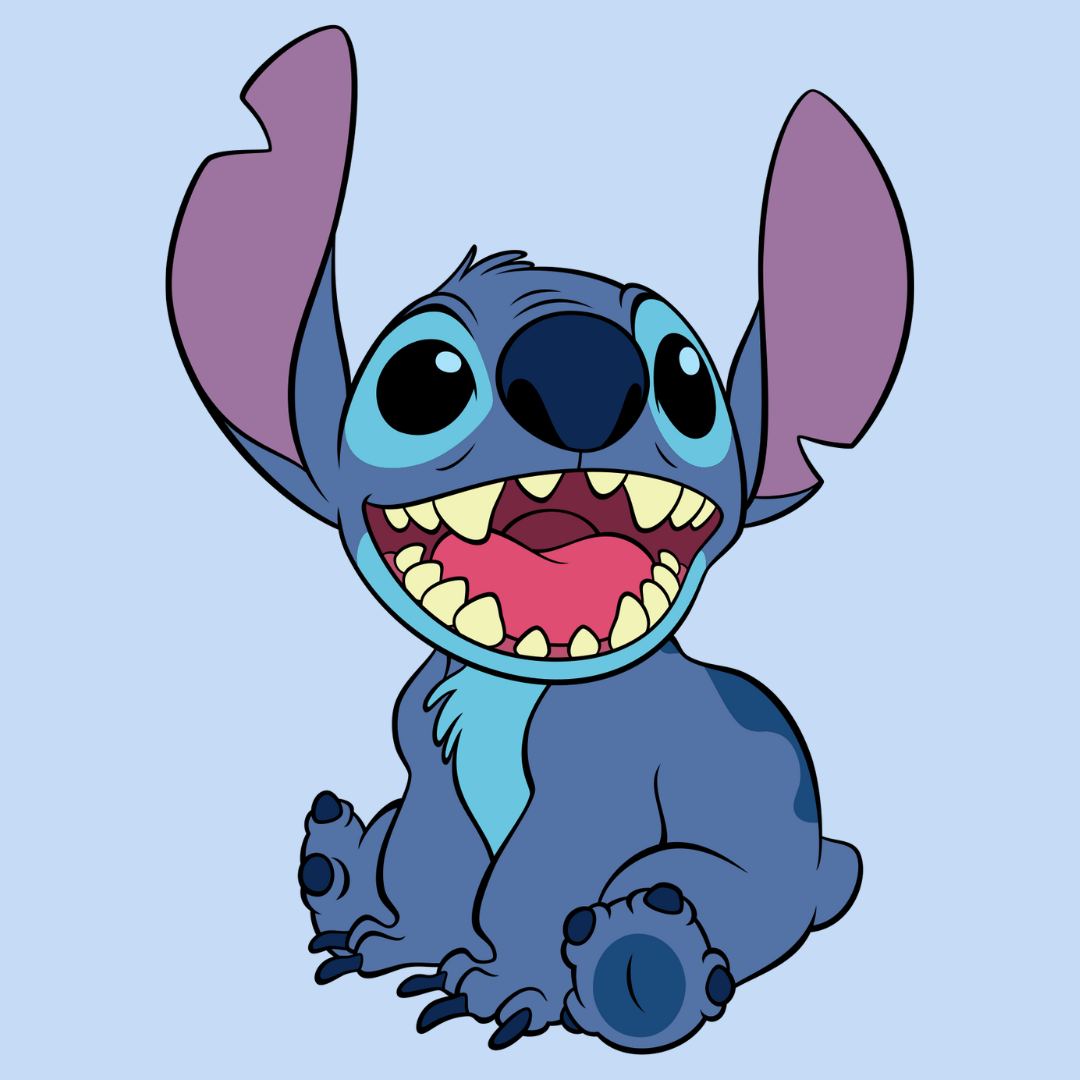 Disney character "Stitch" a blue dog-like alien on a lighter blue background